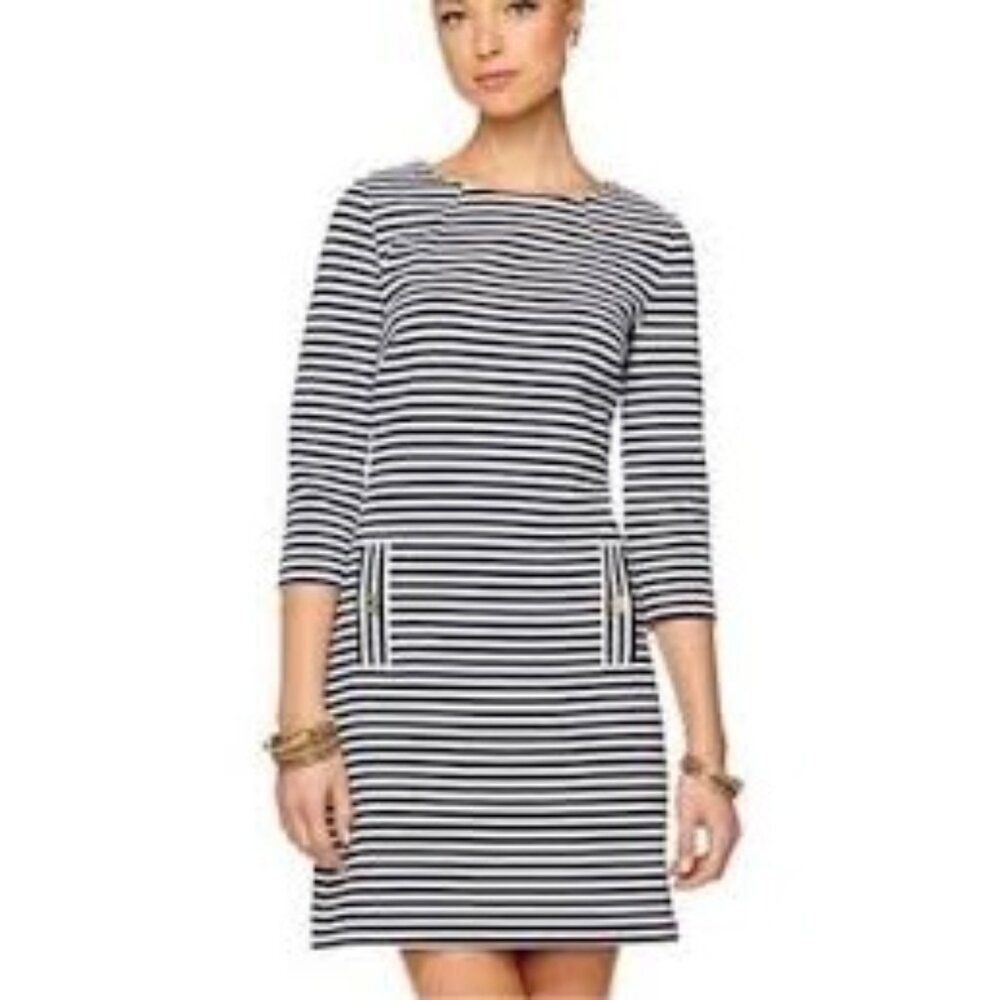 EUC Lilly Pulitzer Charlene Blue/White Striped Nautical Dress Size Medium
